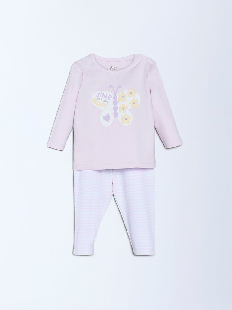 HOP Baby Girls Lilac Printed Cotton T-Shirt and Pants Set - Exclusive