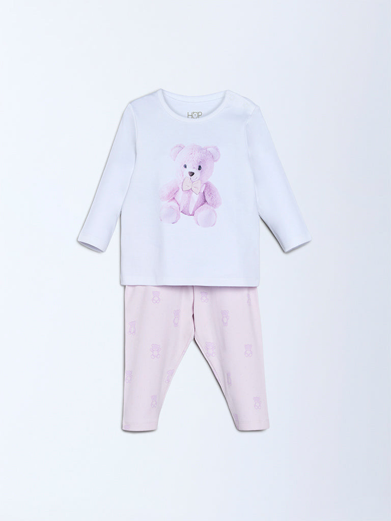HOP Baby Girls Lilac Teddy Printed Cotton T-Shirt and Pants Set - Exclusive