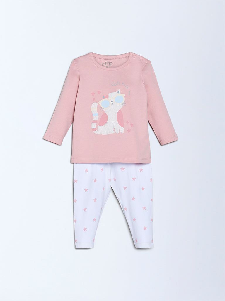 HOP Baby Girls Dusty Pink Cat Printed Cotton T-Shirt and Pants Set - Exclusive
