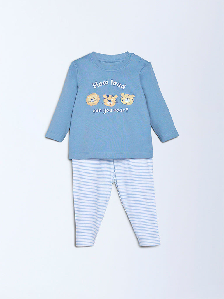HOP Baby Boys Blue Animal Design Cotton T-Shirt and Pants Set - Exclusive