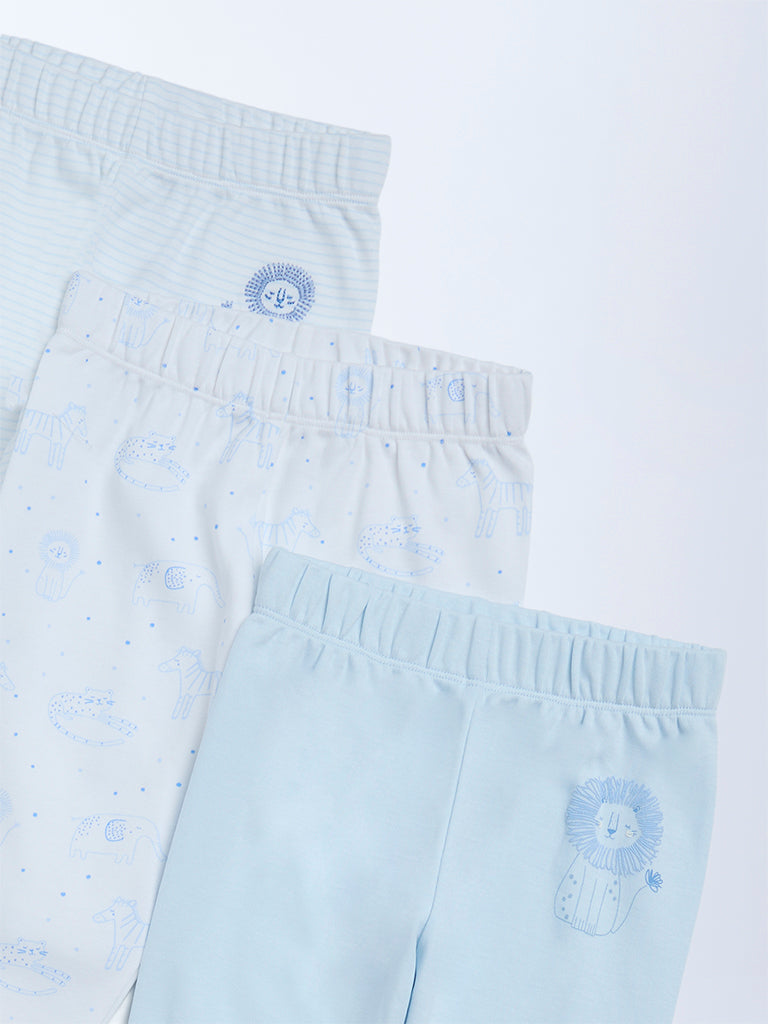 HOP Baby Boys Blue Printed Mid-Rise Cotton Pants - Pack of 3
