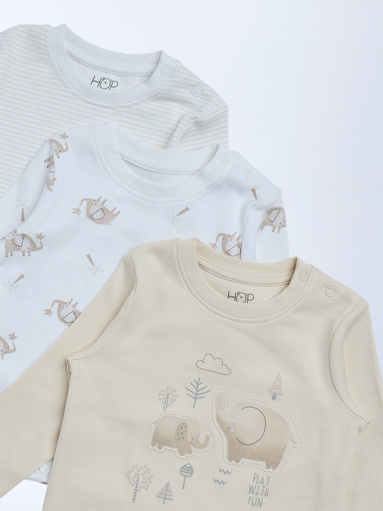 HOP Baby Boys Beige Printed Cotton T-Shirts - Pack of 3