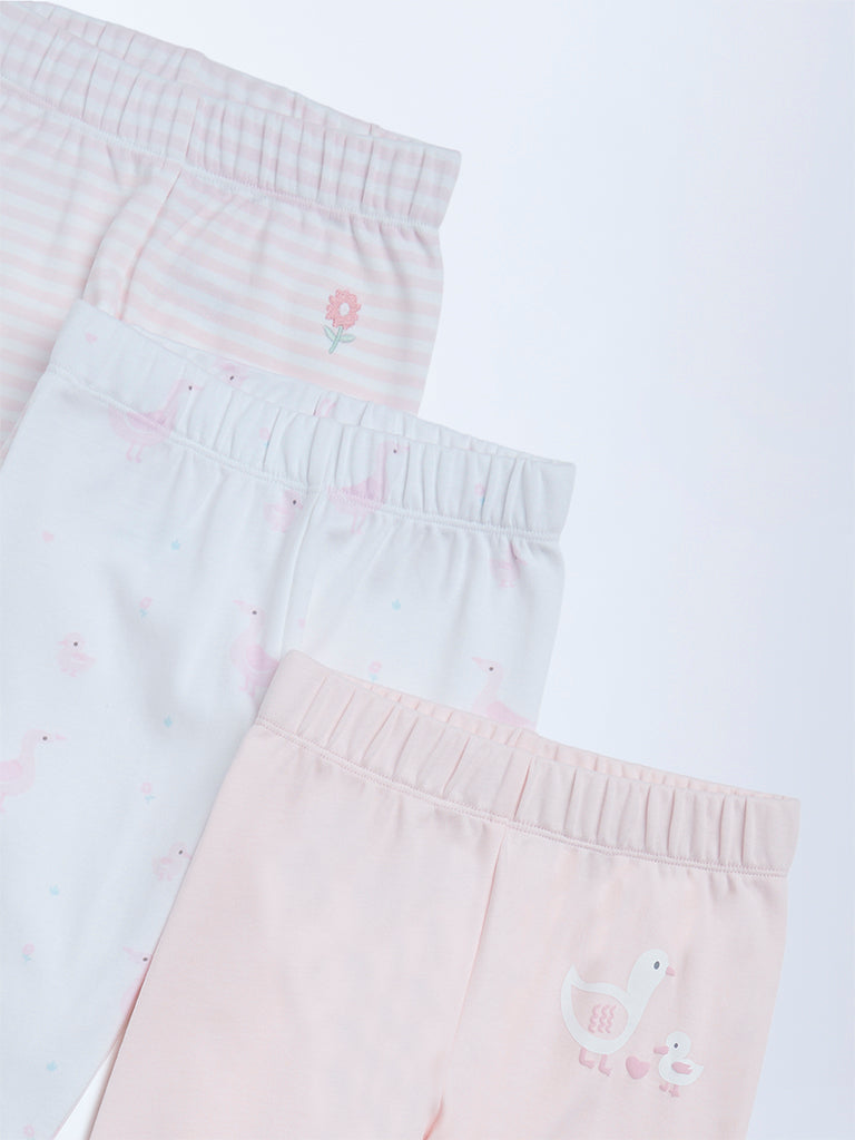 HOP Baby Girls Pink Printed Mid-Rise Cotton Pants - Pack of 3