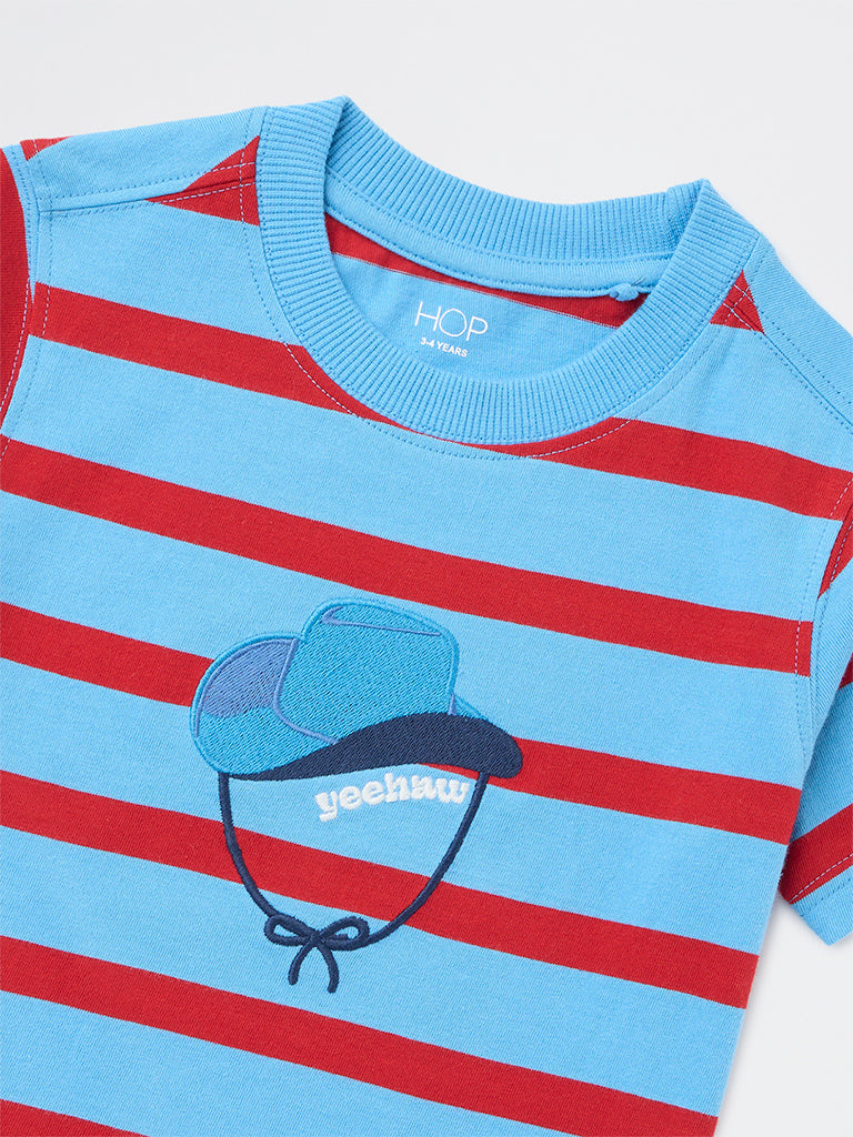 HOP Kids Boys Blue Striped Cotton T-Shirt