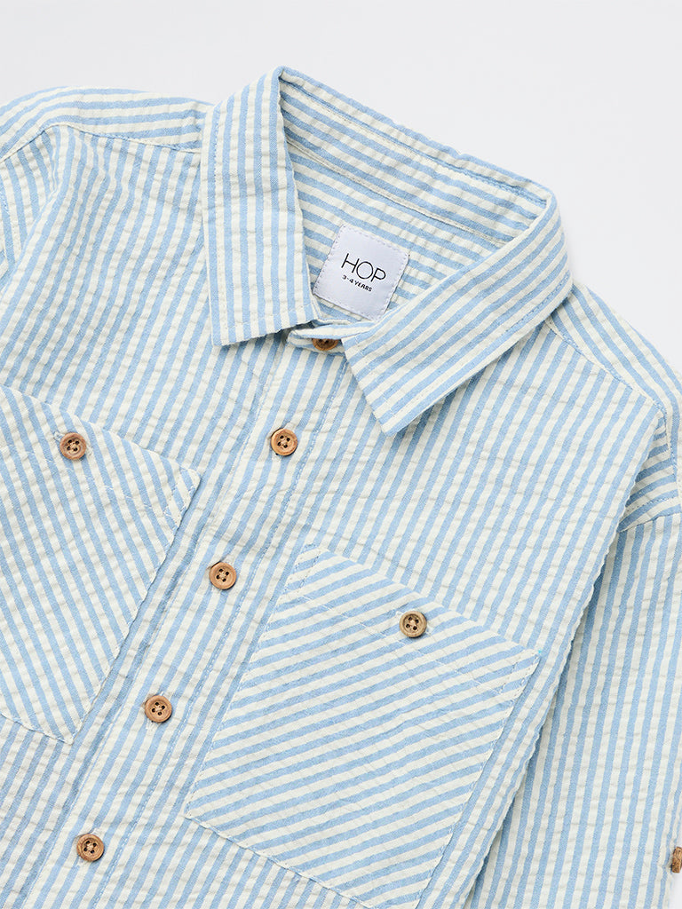 HOP Kids Boys Blue Seersucker Striped Cotton Shirt