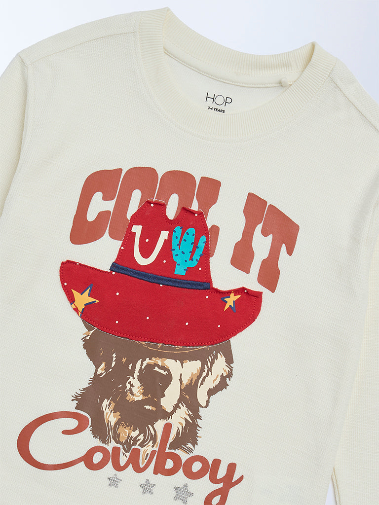 HOP Kids Boys Off-White Printed Cotton T-Shirt