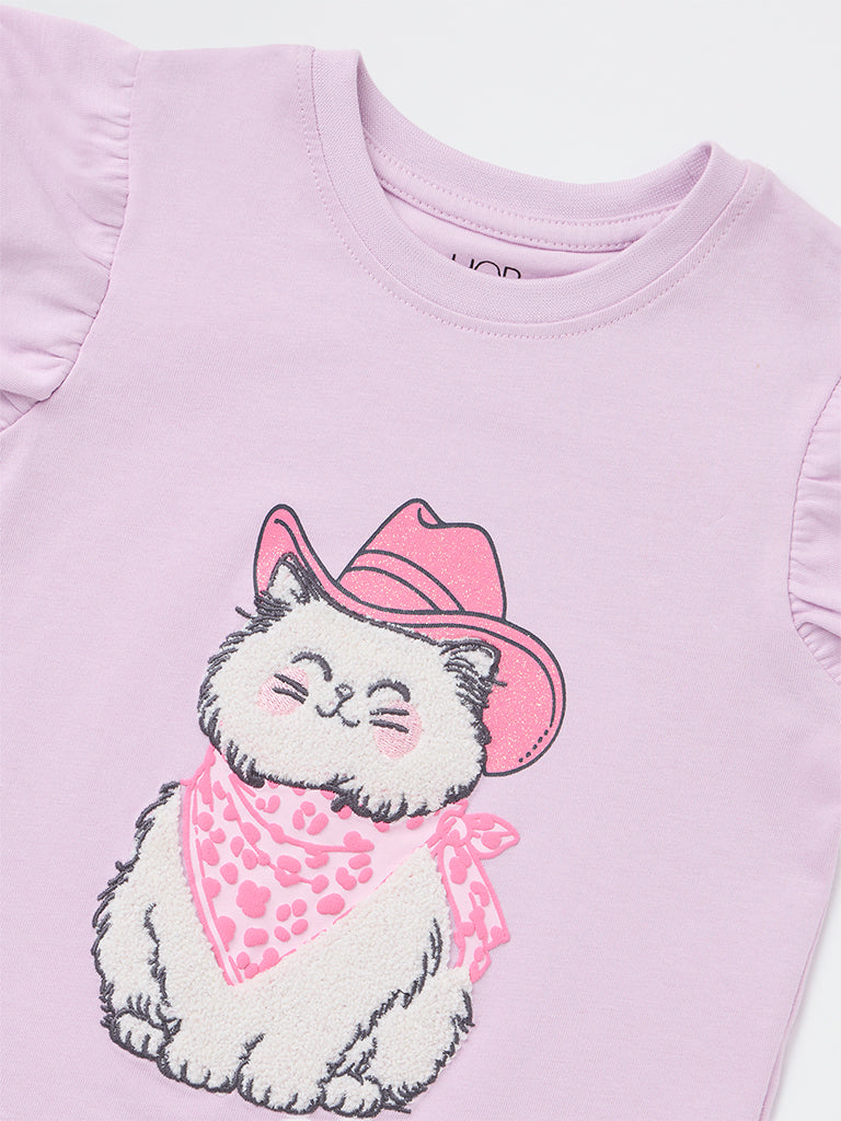 HOP Kids Girls Lilac Animal Embroidered Cotton Top