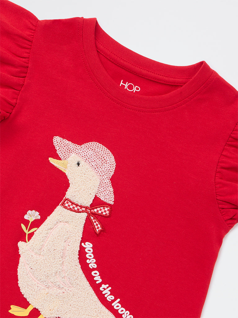 HOP Kids Girls Red Embroidered Cotton Top