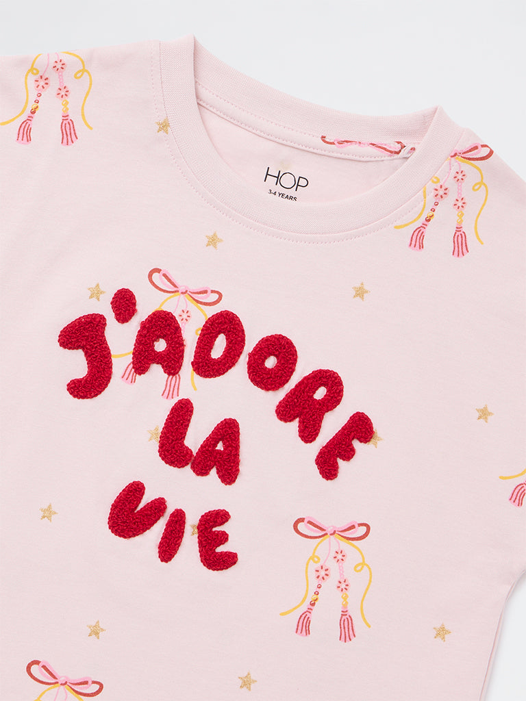 HOP Kids Girls Light Pink Text Embroidered Cotton T-Shirt
