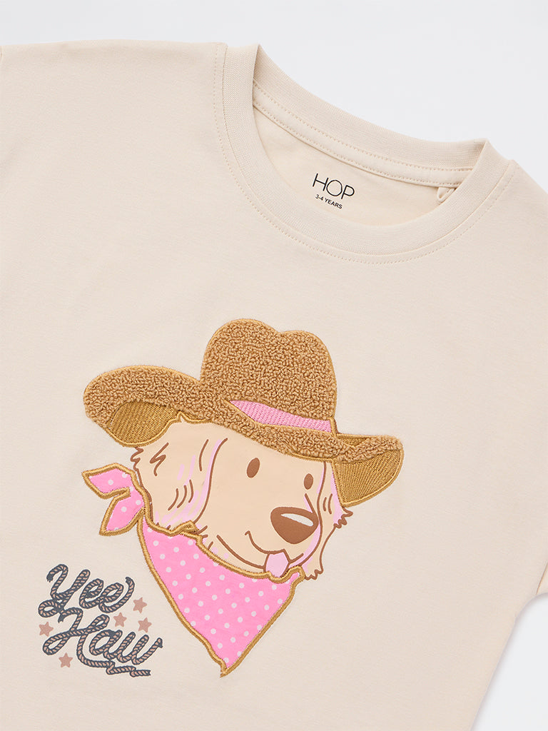 HOP Kids Girls Beige Embroidered Cotton T-Shirt