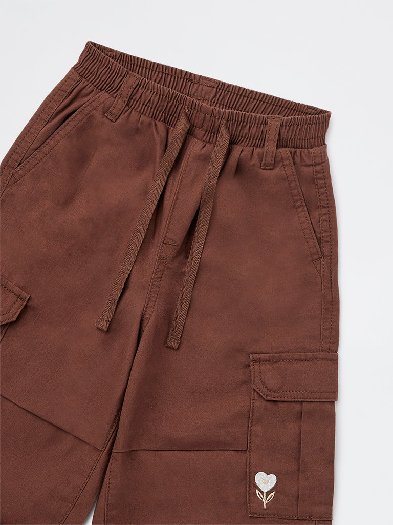 HOP Kids Girls Dark Brown Embroidered Mid-Rise Cotton Joggers