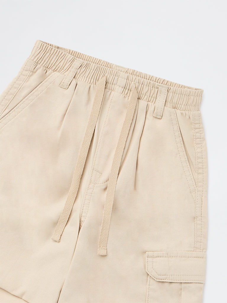 HOP Kids Girls Beige Solid High-Rise Cotton Joggers