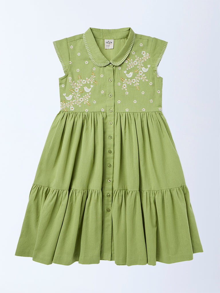 Buy Utsa Kids Girls Mint Green Embroidered Tiered Cotton-Blend Dress
