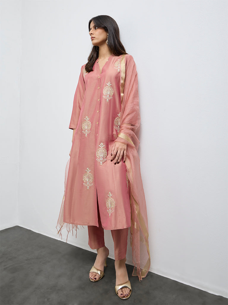 Buy Vark Dusty Pink Floral Embroidered A-Line Ethnic Set from Westside
