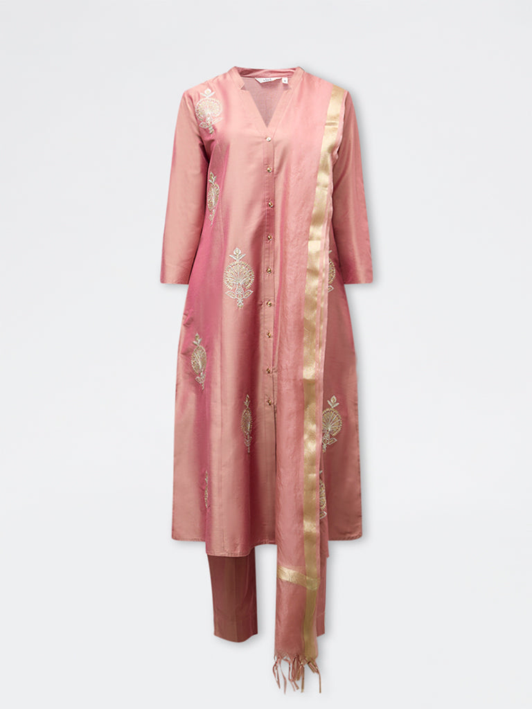 Vark Dusty Pink Floral Embroidered A-Line Ethnic Set