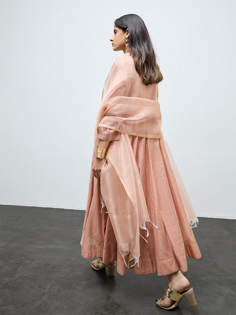 Vark Peach Floral Embroidered A-Line Ethnic Set