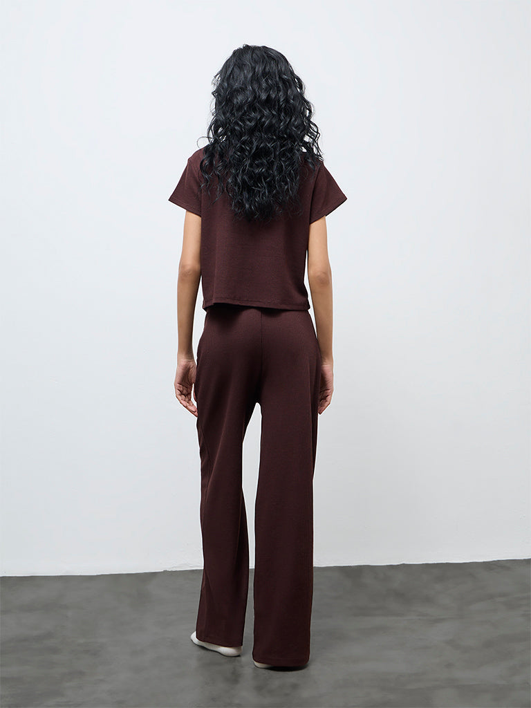 Superstar Dark Brown Waffle-Textured High-Rise Pants