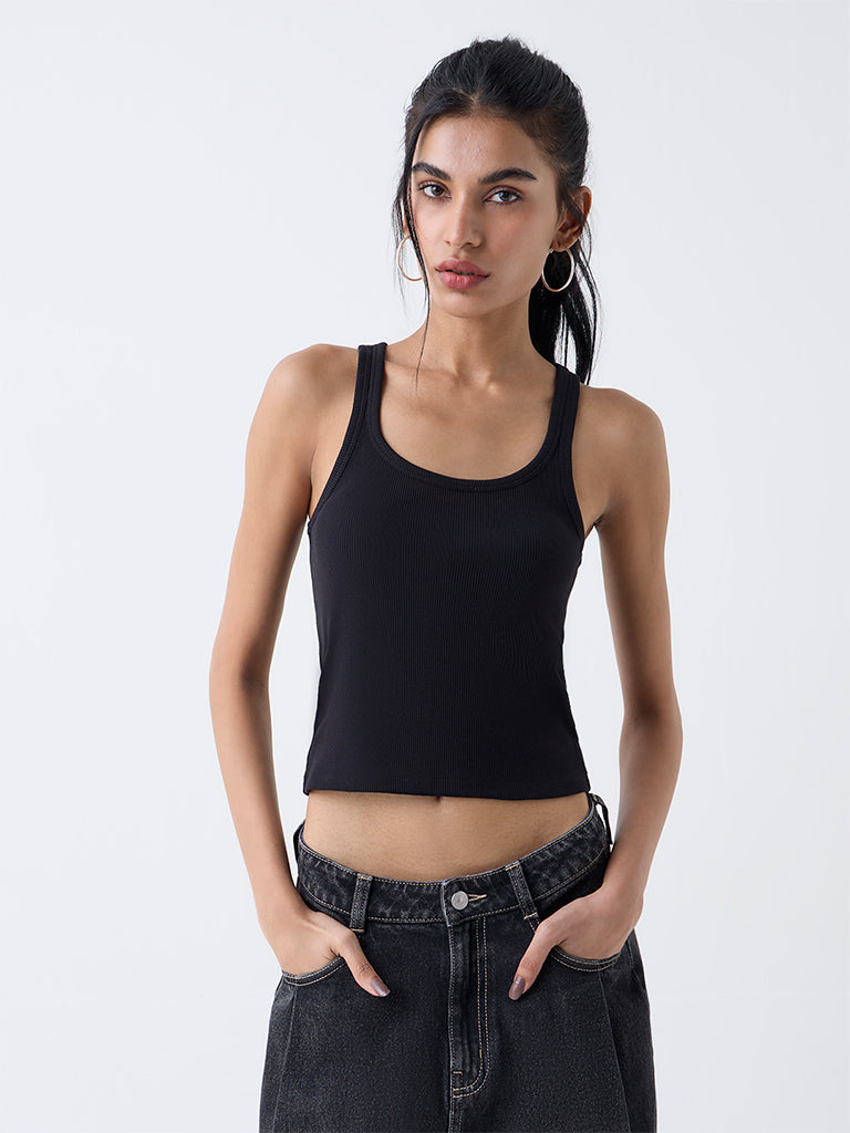 Buy Nuon Black Ribbed-Textured Cotton-Blend Tank Top from Westside
