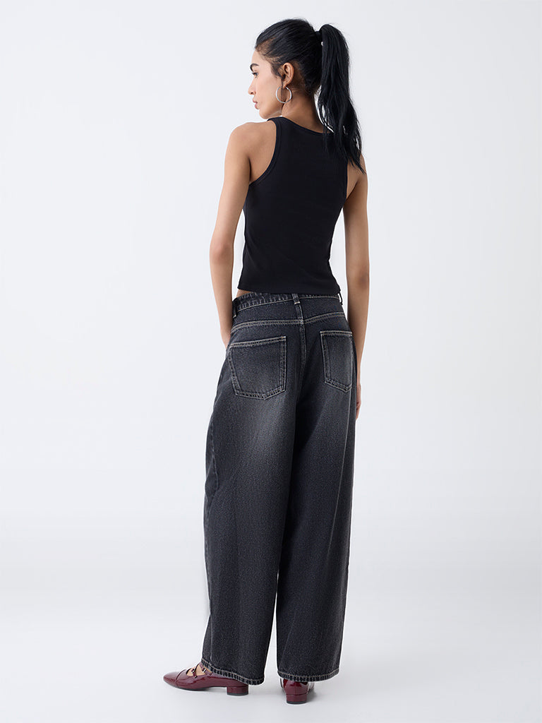 Nuon Black Ribbed-Textured Cotton-Blend Tank Top