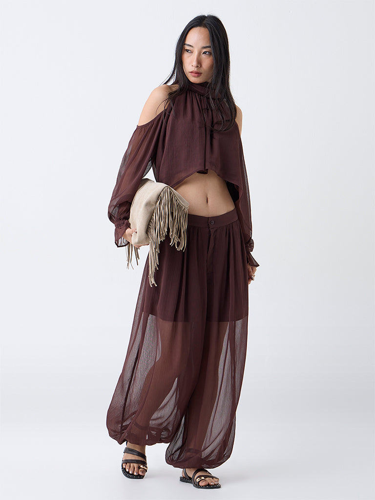Curated visual reference: Fresh Look at Buy Lov Dark Brown Textured High Rise Harem Style Pants