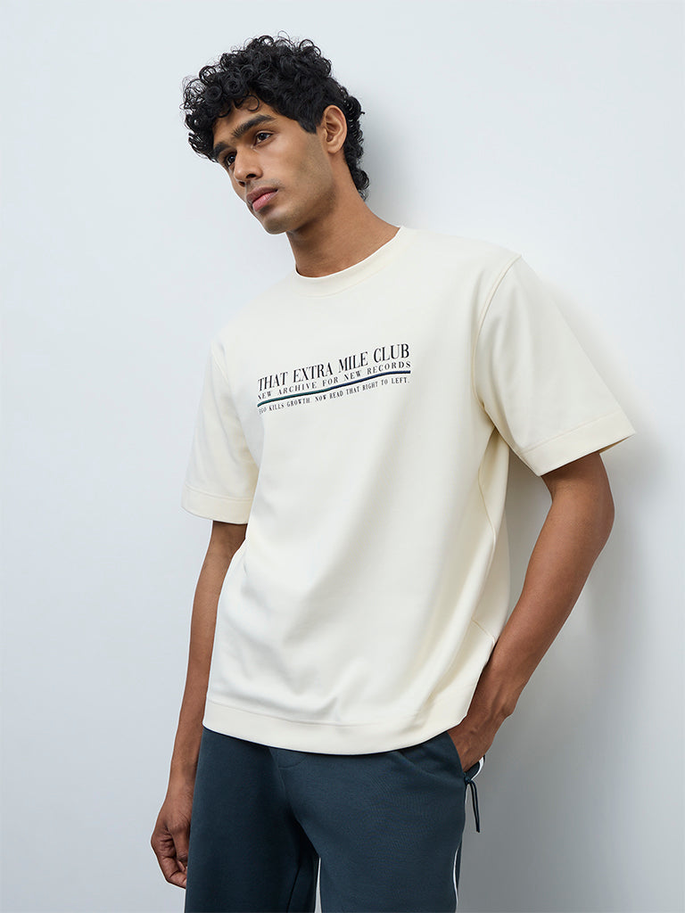 Buy Nuoflexx OffWhite Text Detailed RelaxedFit CottonBlend TShirt