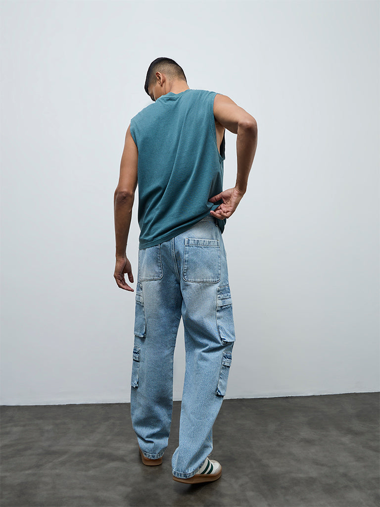 Nuon Blue Relaxed-Fit Mid-Rise Cargo Jeans