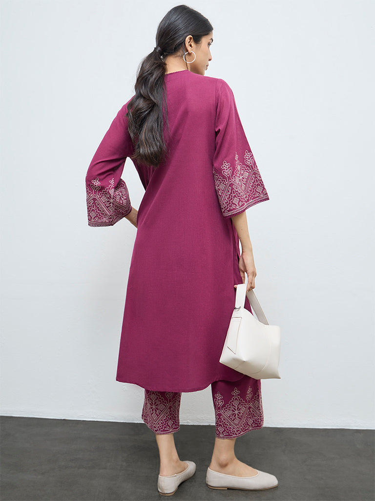 Utsa Magenta Embroidered Cotton A-Line Kurta