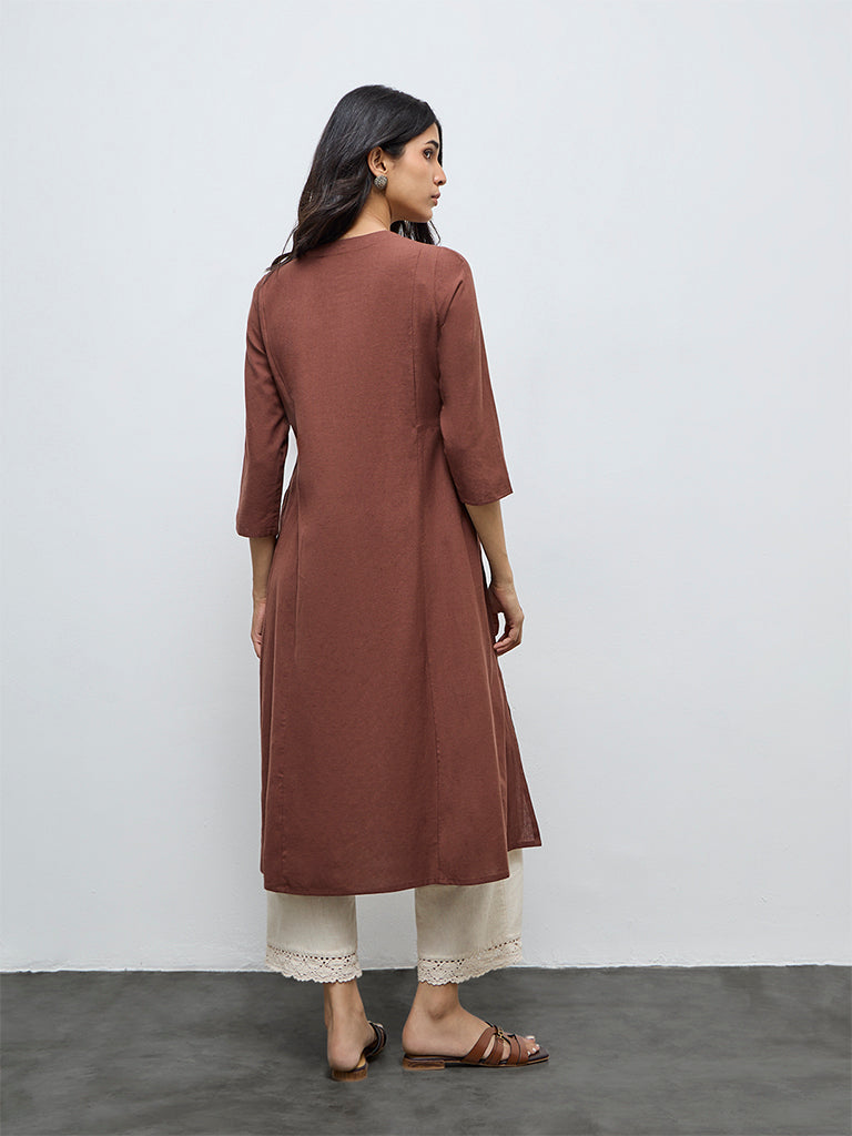 Utsa Brown Embroidered Cotton-Blend A-Line Kurta