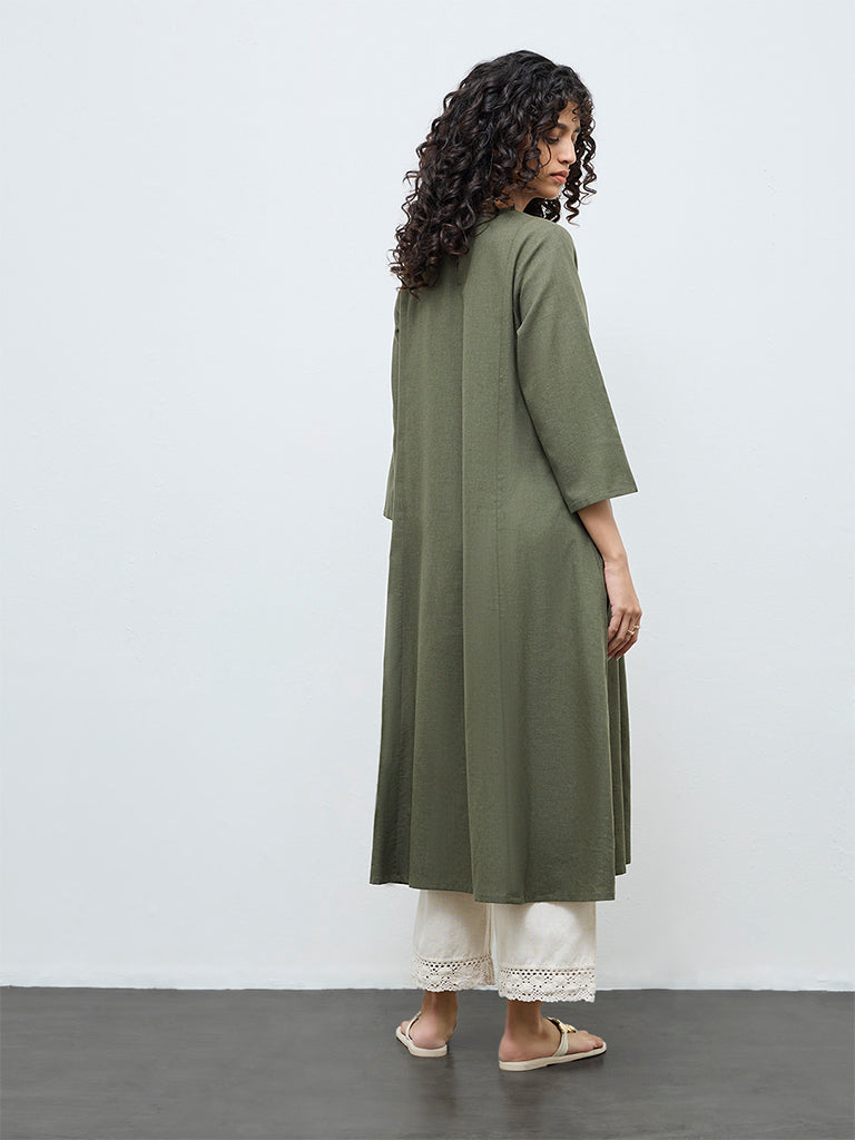 Utsa Olive Floral Embroidered Cotton A-Line Kurta