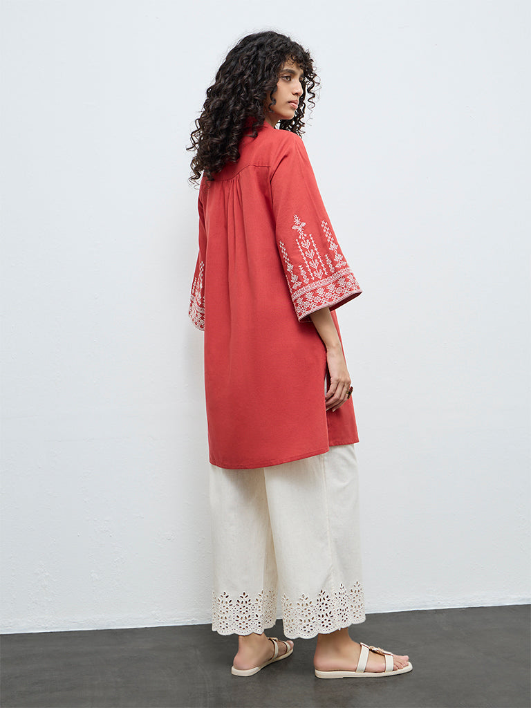Utsa Red Embroidered Cotton-Blend A-Line Kurta