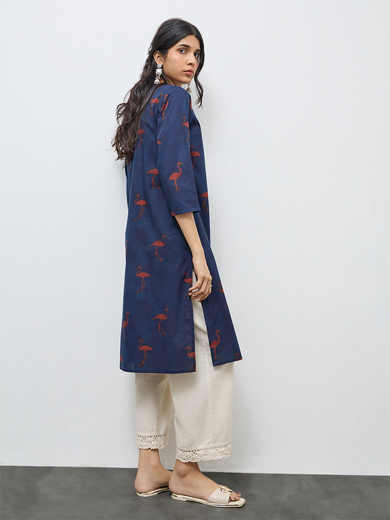 Utsa Navy Printed Cotton Straight Kurta