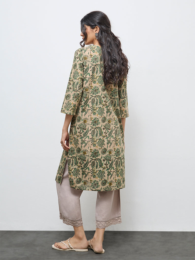 Utsa Green Floral Printed Cotton Straight Kurta