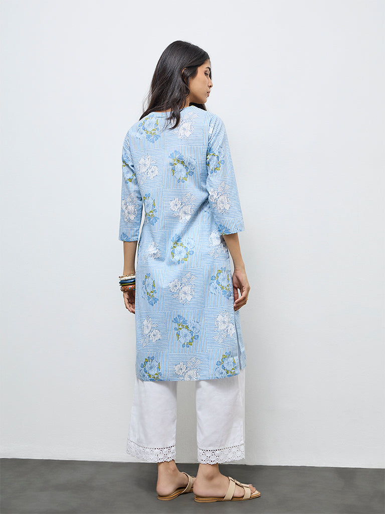 Utsa Light Blue Floral Cotton Straight Kurta
