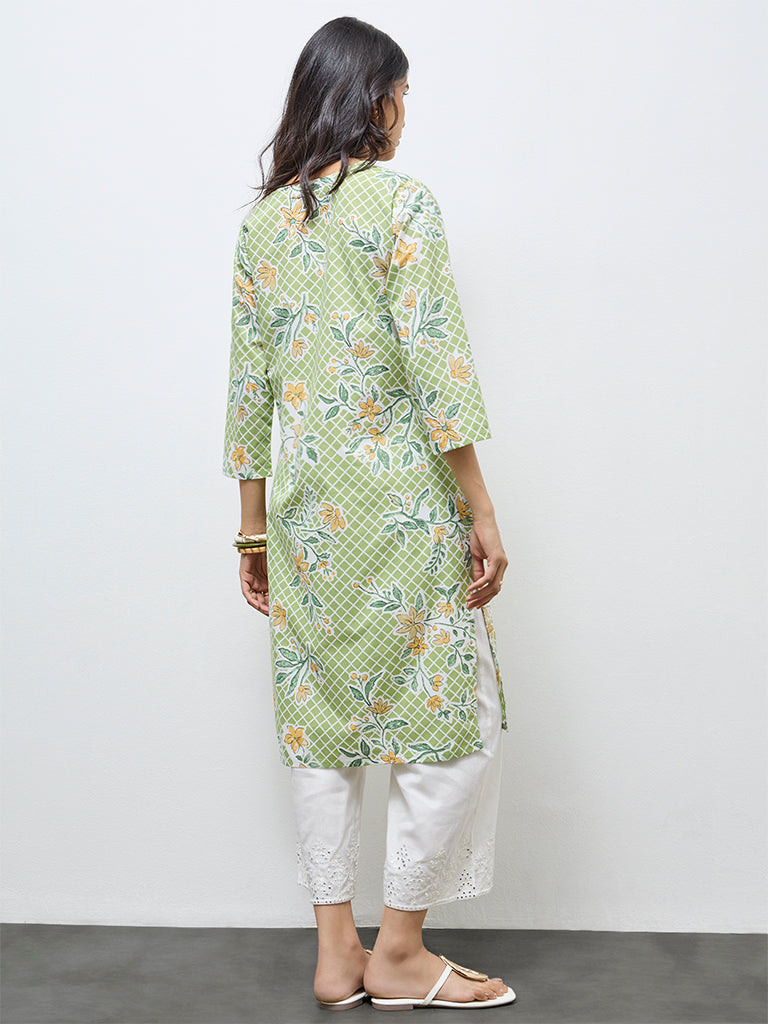 Utsa Green Floral Cotton Straight Kurta
