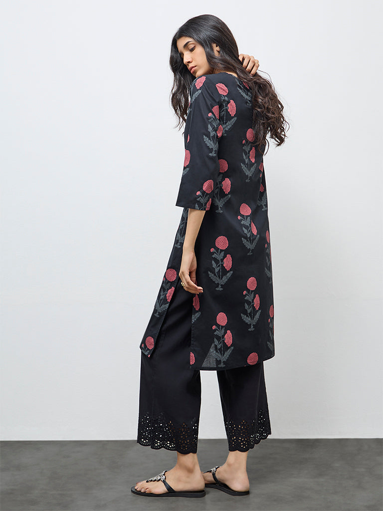 Utsa Black Mughal Printed Cotton A-Line Kurta