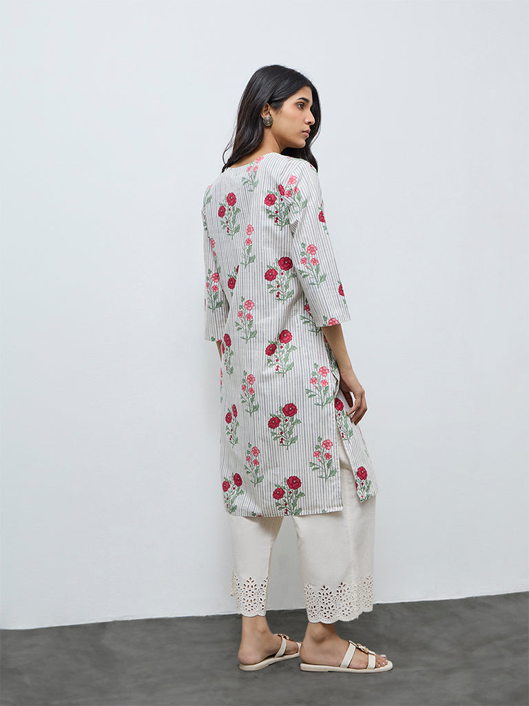 Utsa Grey Floral Pattern Cotton A-Line Kurta