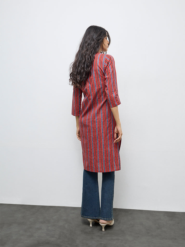 Utsa Red Striped Cotton Straight Kurta