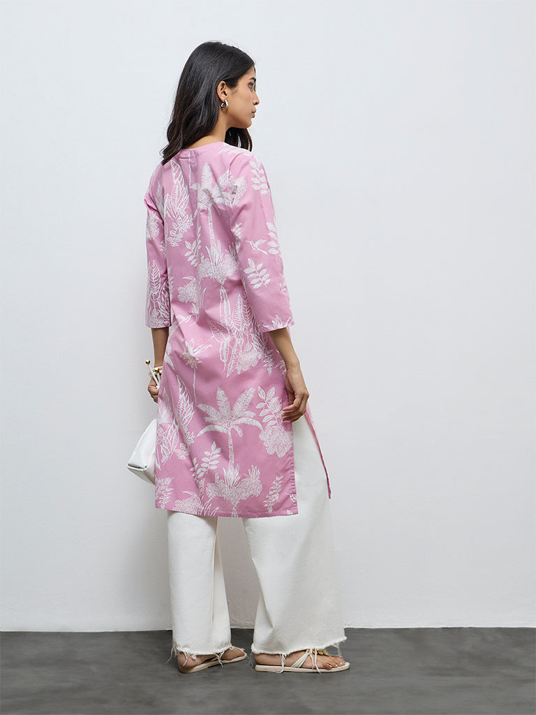 Utsa Pink Botanical Printed Cotton Straight Kurta