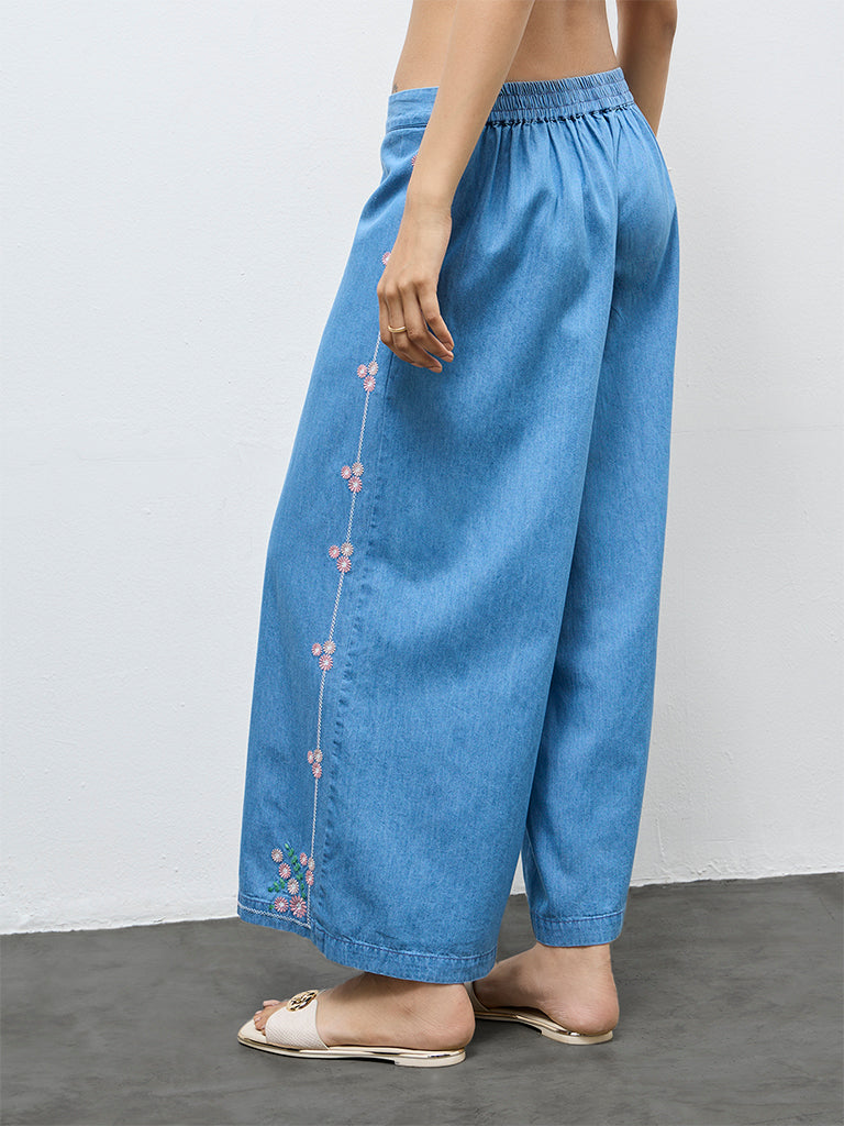 Utsa Blue Floral Embroidered Denim Palazzos