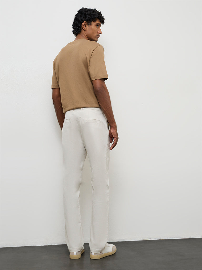 WES Casuals Off White Relaxed-Fit Mid-Rise Cotton-Blend Trousers