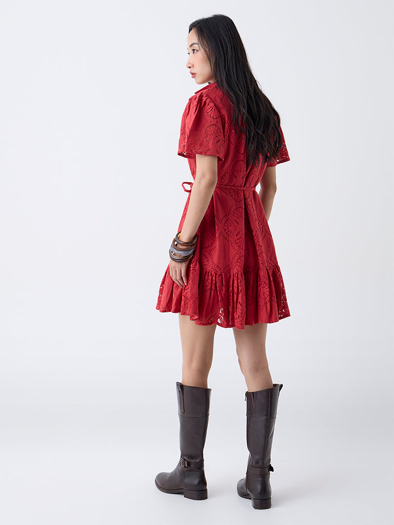 LOV Red Lace Design Cotton-Blend Shirt Dress with Belt