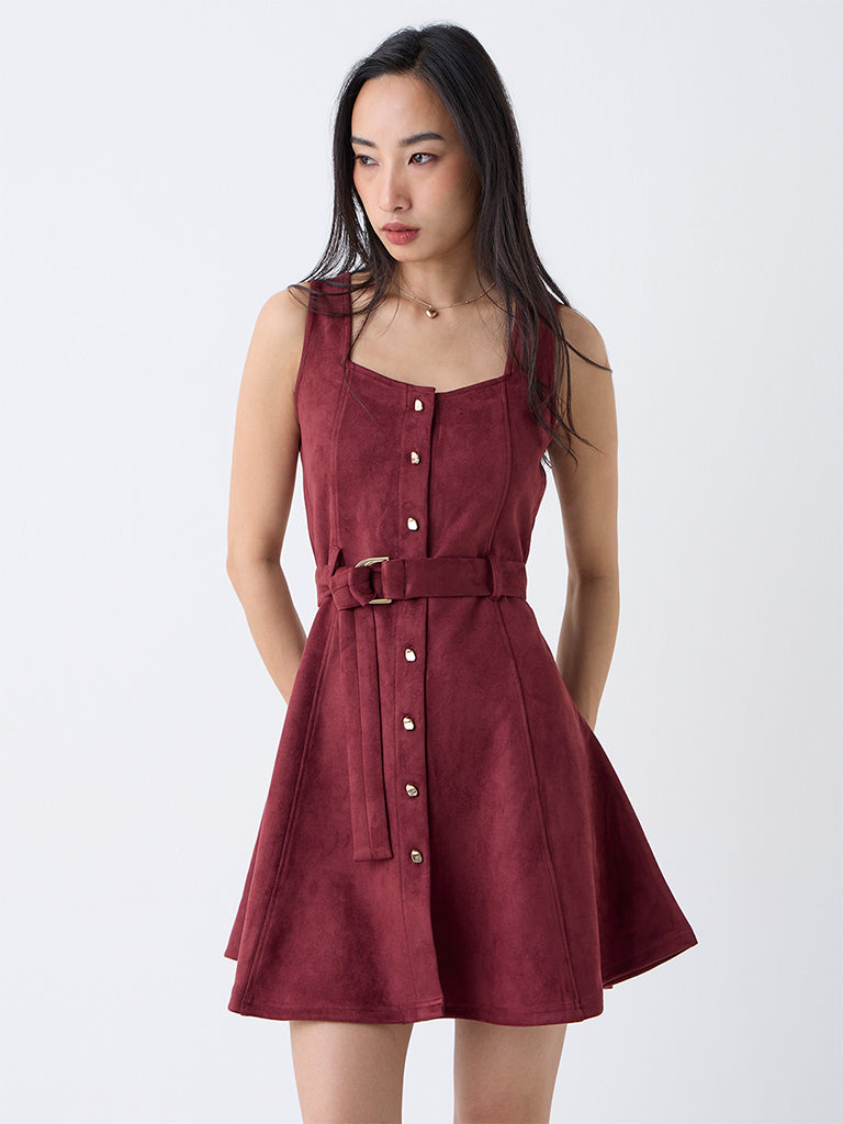 burgundy suede dress Wine Faux Suede Drop Waist Ruffle Hem Mini Dress main image 0