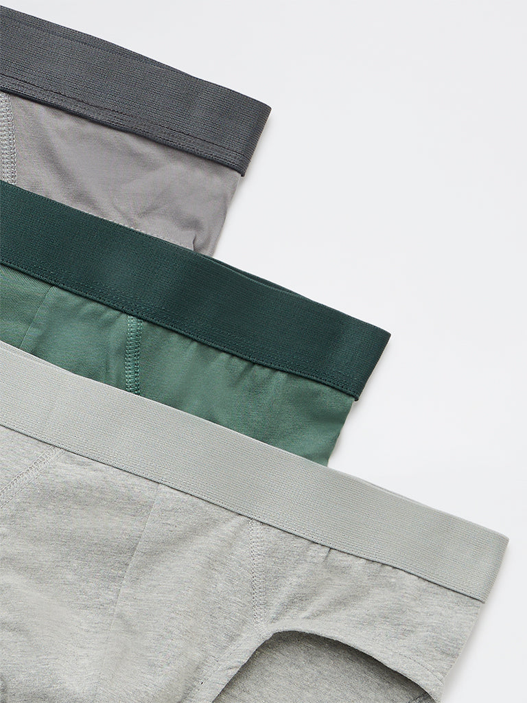 WES Lounge Olive Solid Cotton-Blend Briefs - Pack of 3