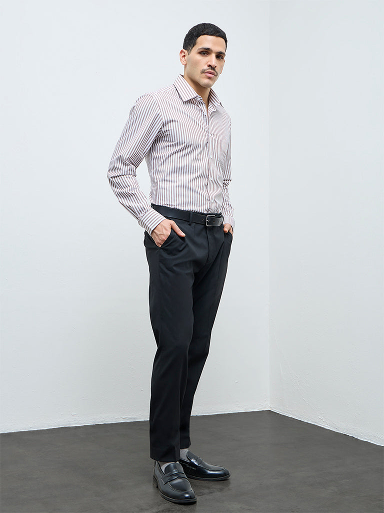 WES Formals Brown Striped Slim-Fit Cotton Shirt
