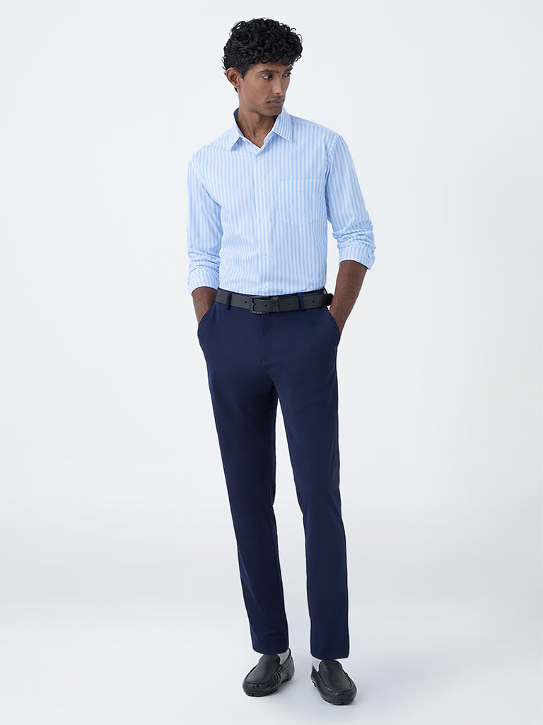 WES Formals Blue Solid Slim-Fit Cotton Shirt