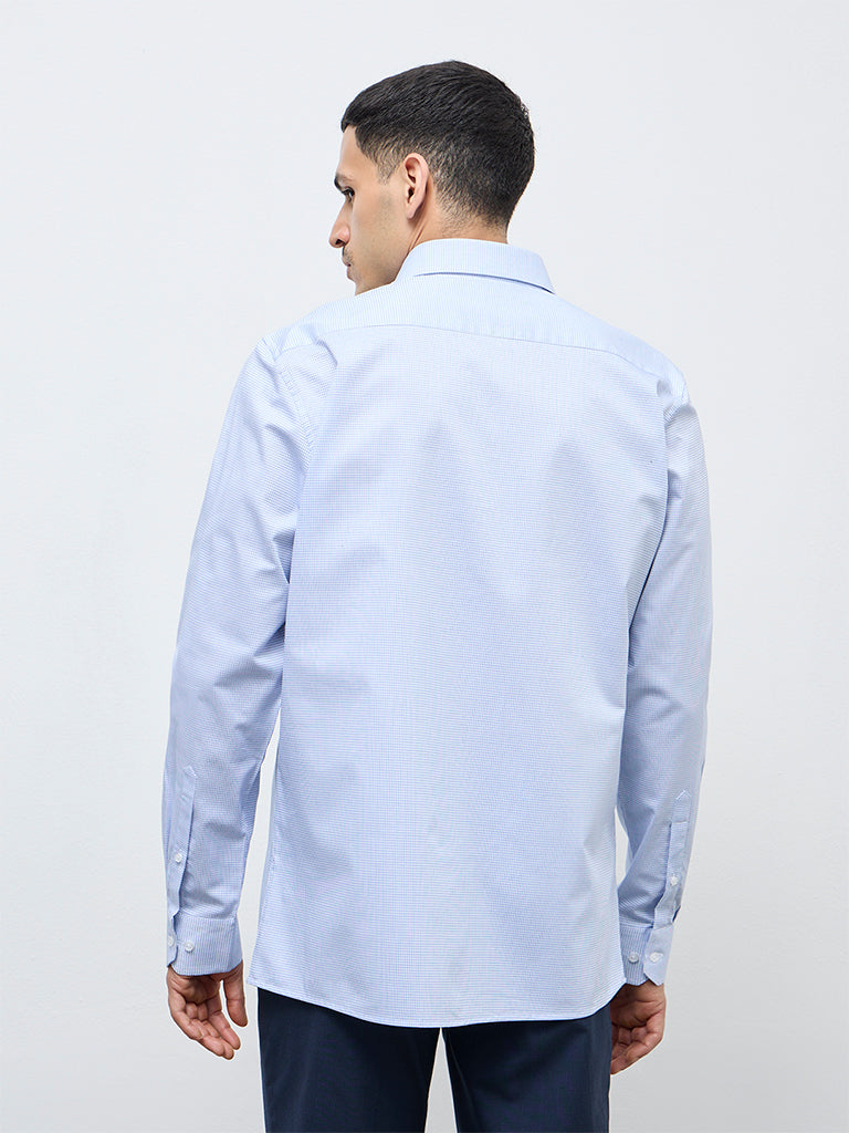 WES Formals Blue Checkered Slim-Fit Cotton Shirt