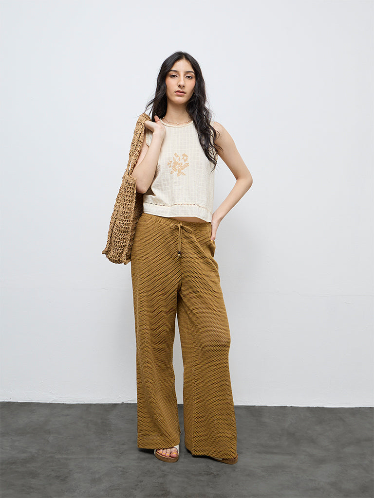 Buy Bombay Paisley Mustard Crochet Cotton High-Rise Pants from