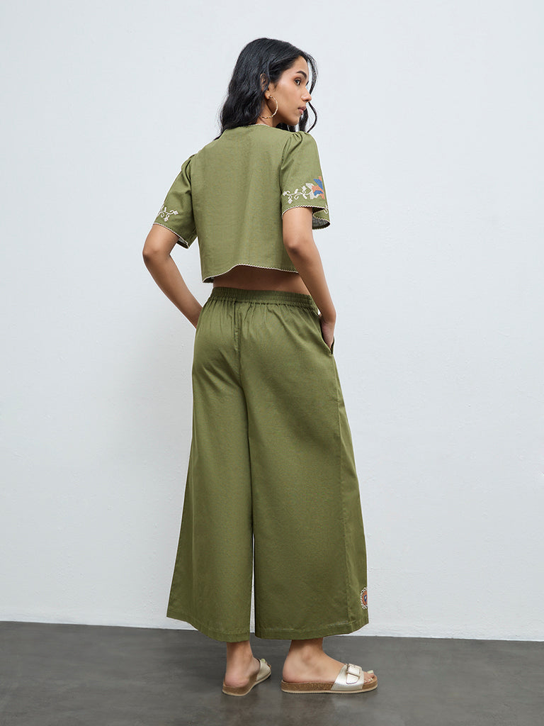 Bombay Paisley Green Embroidered Cotton-Blend Palazzos