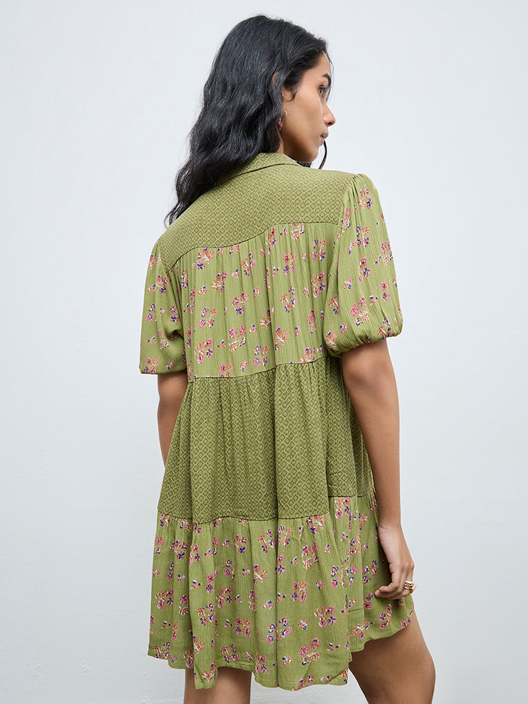 Bombay Paisley Green Floral Design Shirt Dress