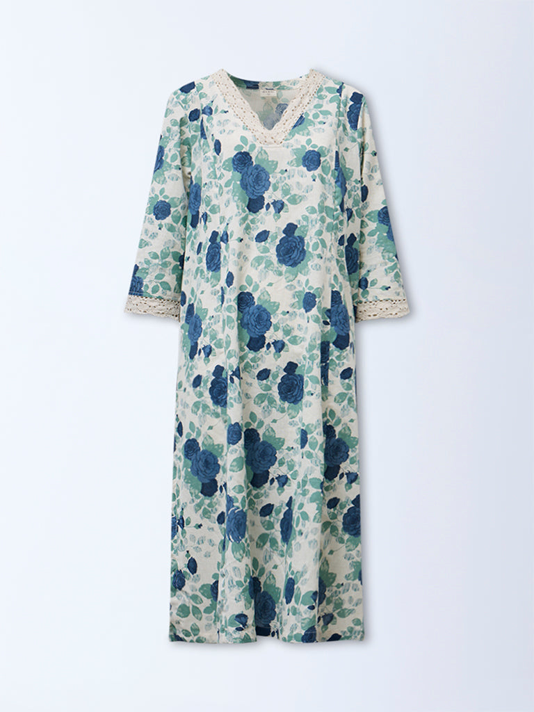 Diza Blue Floral Printed Cotton-Blend A-Line Kurta